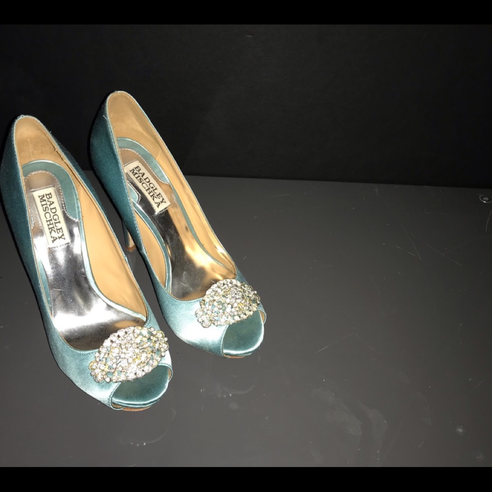 Badgley Mishka Pale Aqua Blue Satin Platform Heels